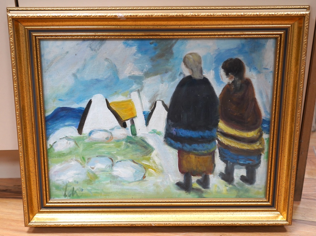 A decorative Irish oil on canvas board, Two figures before cottages, gilt framed, 29 x 39cm. Condition - good